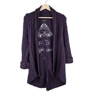 BCBGMAXAZRIA Cardigan Sweater Petite Large Purple Popcorn Knit Crochet Open Boho